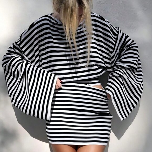 Tops - Black & White Casual Women's Striped  Loose Long Sleeve Top & mini Skirt